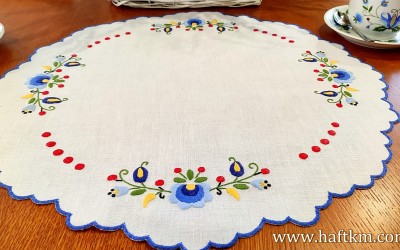 Hand-embroidered linen drape with a Kashubian motif