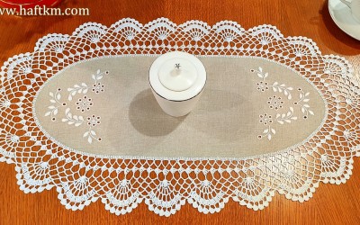 Hand embroidered doily with crochet lace.