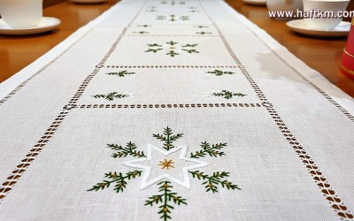 Hand embroidered Christmas table runner "White stars"
